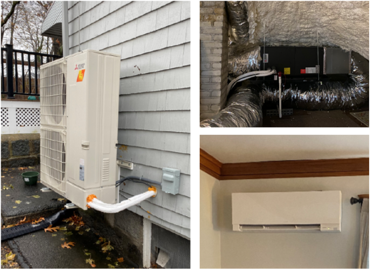 These photographs show the outdoor unit of the Mitsubishi MXZ-4C36NAHZ along with the mini-ducted unit in the attic that serves the upstairs and one of the wall-mounted units on the first floor.