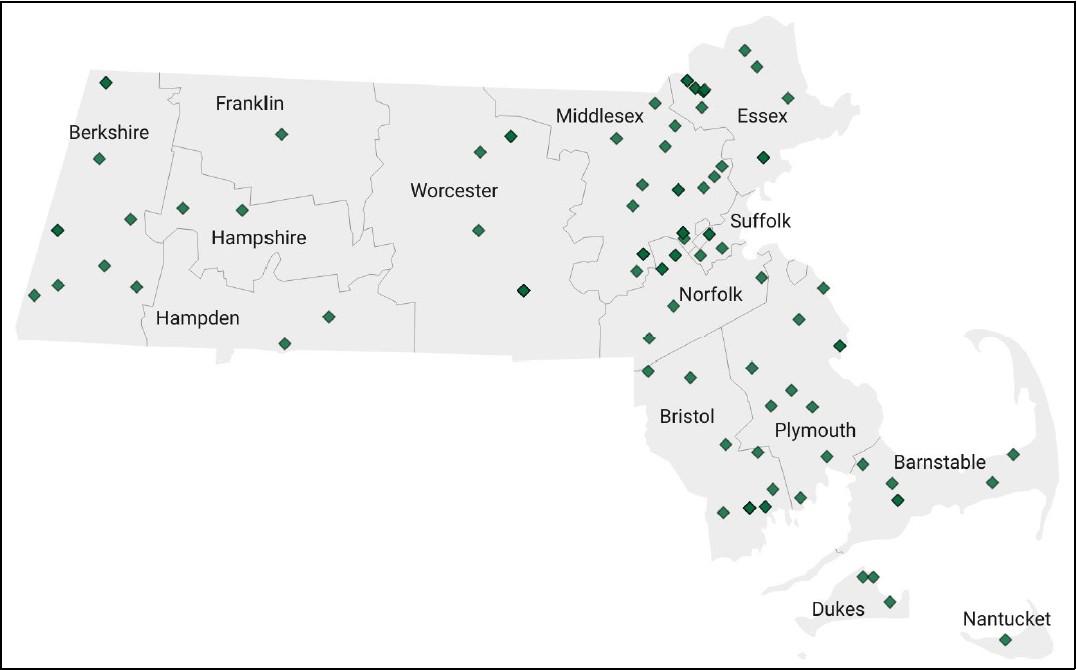 Map of Massachusetts with about 70 study locations across all counties marked