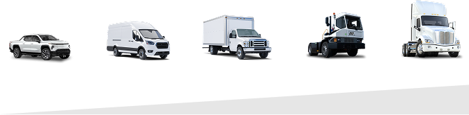 An image showing many different types of EVs eligible for MOR-EV truck rebates, from light to heavy duty. Examples include Pickups and Sprinters, Box Trucks, Terminal Tractors, and Regional Haul Tractors.