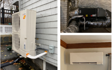 These photographs show the outdoor unit of the Mitsubishi MXZ-4C36NAHZ along with the mini-ducted unit in the attic that serves the upstairs and one of the wall-mounted units on the first floor.