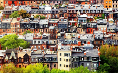 Aerial view of dense residential neighborhood