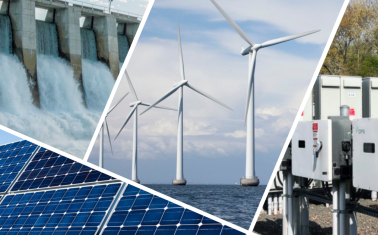 A collage of clean energy sources: windmills, battery storage units, a hydropower dam, and solar panels.