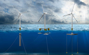 An illustration of floating offshore wind platforms with windmills.
