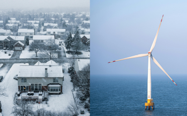 Split image showing a snow-covered neighborhood during a winter storm beside an offshore wind turbine operating over the ocean.