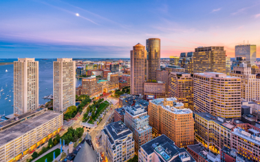 Aerial view of large buildings in Boston
