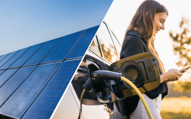 Split image showing rows of solar panels on the left and a person charging an electric vehicle on the right, representing clean energy generation and transportation electrification.