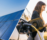 Split image showing rows of solar panels on the left and a person charging an electric vehicle on the right, representing clean energy generation and transportation electrification.