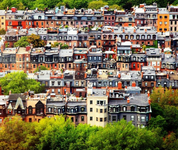 Aerial view of dense residential neighborhood
