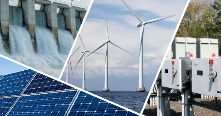 A collage of clean energy sources: windmills, battery storage units, a hydropower dam, and solar panels.
