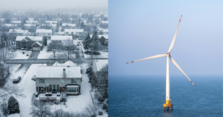 Split image showing a snow-covered neighborhood during a winter storm beside an offshore wind turbine operating over the ocean.