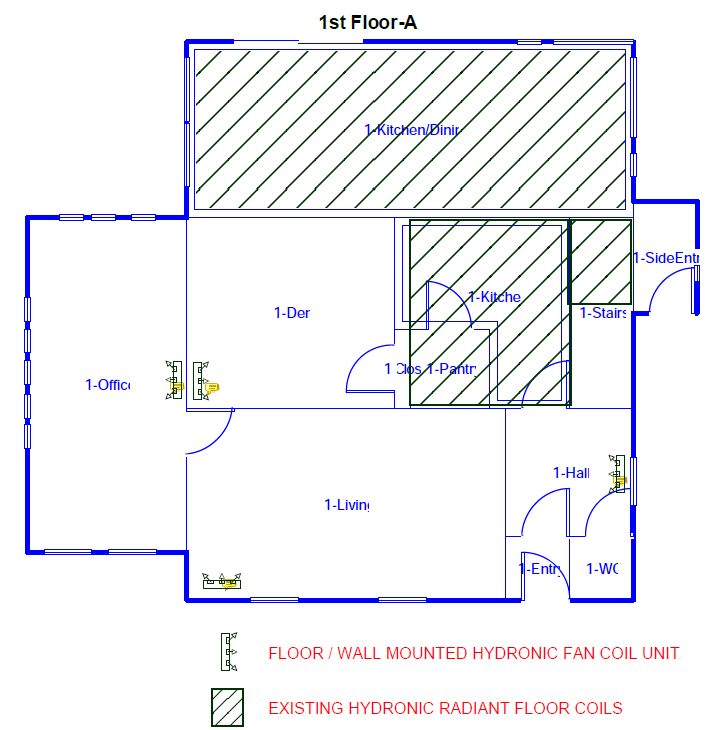 This is the first floor plan of the first air-to-water heat pump project participating in MassCEC's whole-home pilot. The home's distribution system will be a mix of the existing radiant floor and new fan coil units. (Image from LM Works LLC)