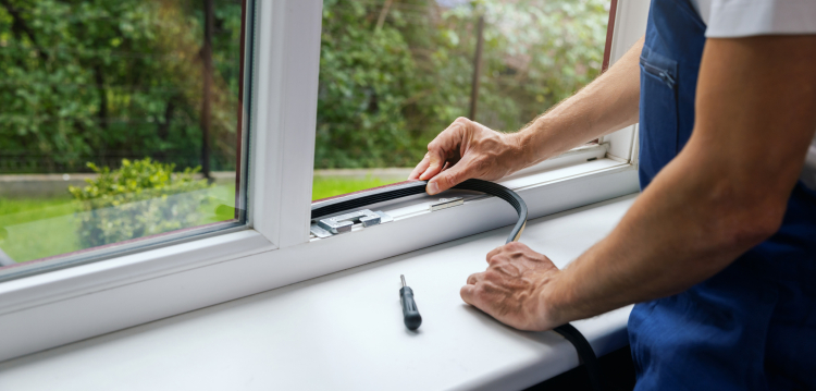 Someone sealing a window with tape.