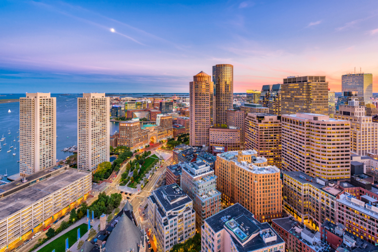 Aerial view of large buildings in Boston
