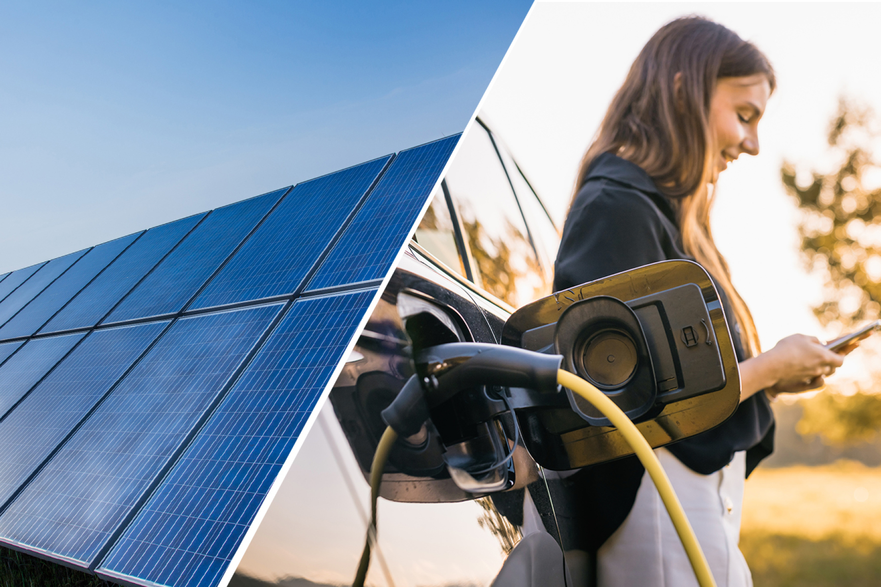 Split image showing rows of solar panels on the left and a person charging an electric vehicle on the right, representing clean energy generation and transportation electrification.