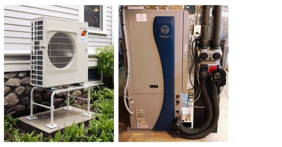 Types of heat pumps - residential air-source (left) and ground source (right)