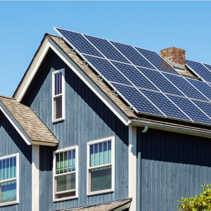 Blue house with a roof solar array