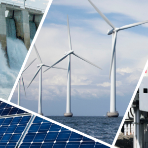 A collage of clean energy sources: windmills, battery storage units, a hydropower dam, and solar panels.