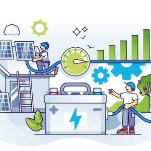 Workers install solar panels on the roof of a house and connect them to a battery, which is receiving electricity generated by the solar panels.  