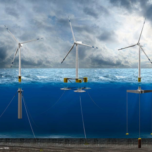 An illustration of floating offshore wind platforms with windmills.
