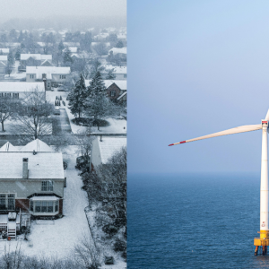 Split image showing a snow-covered neighborhood during a winter storm beside an offshore wind turbine operating over the ocean.