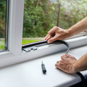 Someone sealing a window with tape.