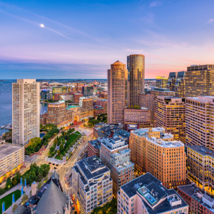 Aerial view of large buildings in Boston