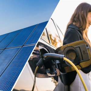 Split image showing rows of solar panels on the left and a person charging an electric vehicle on the right, representing clean energy generation and transportation electrification.