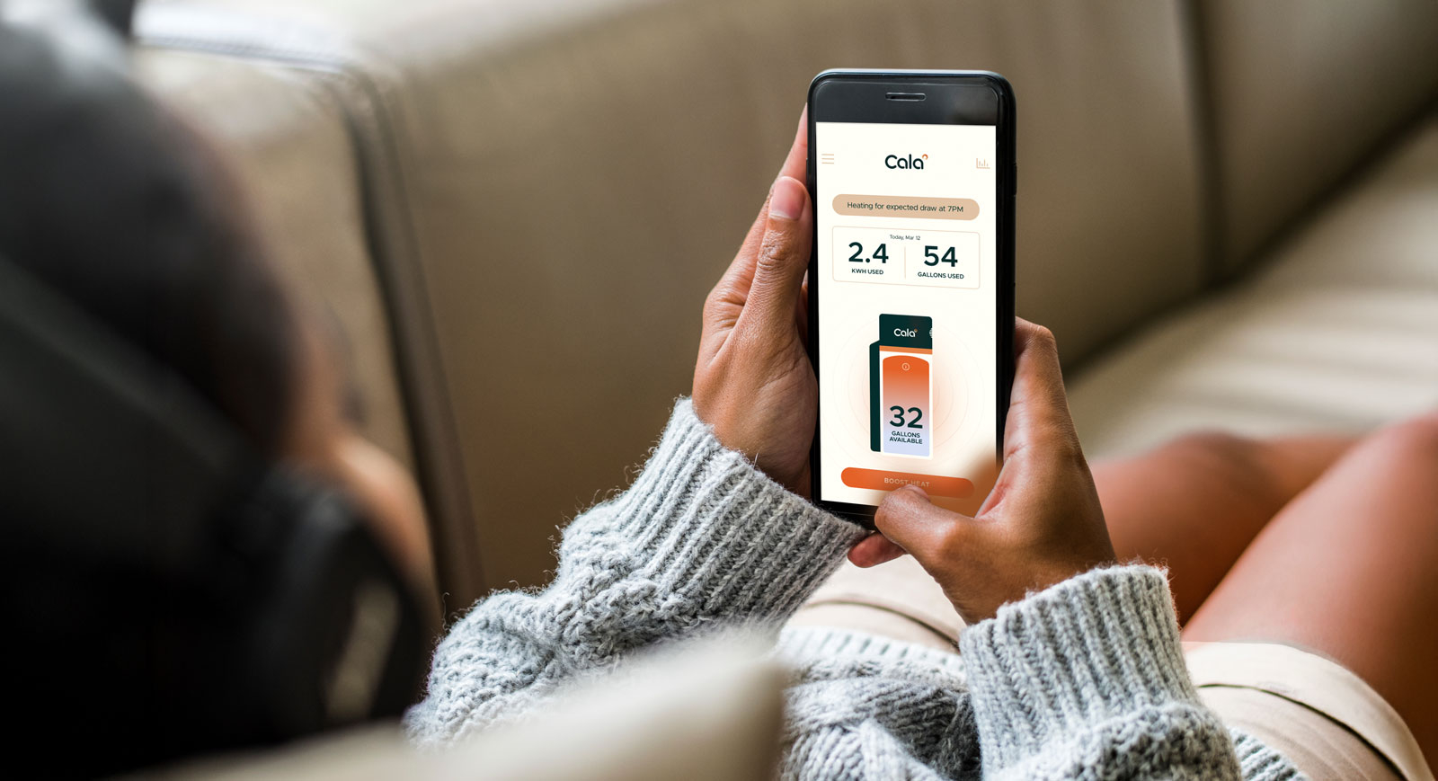Cala water heater being operated from a smart phone.
