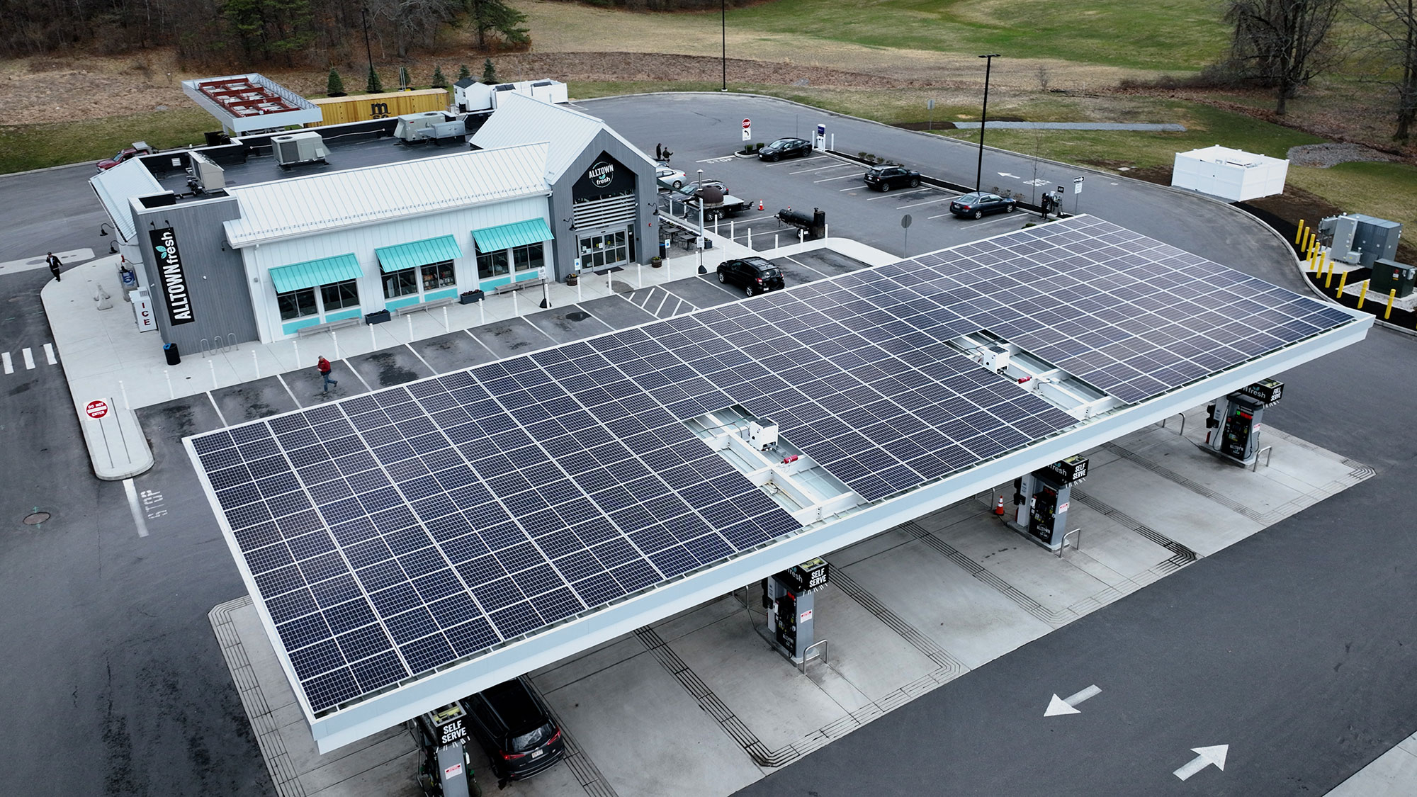 Aerial view of resilient service station with microgrid
