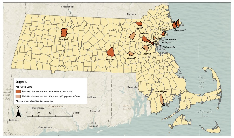 Map of Massachusetts identifying 13 grant recipient communities