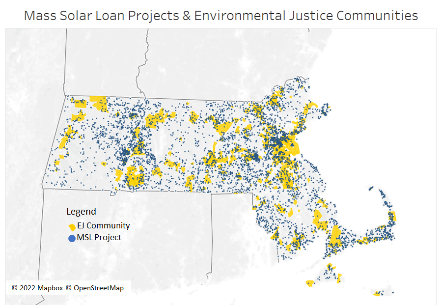 Map showing overlap of solar loans and Environmental Justice communities