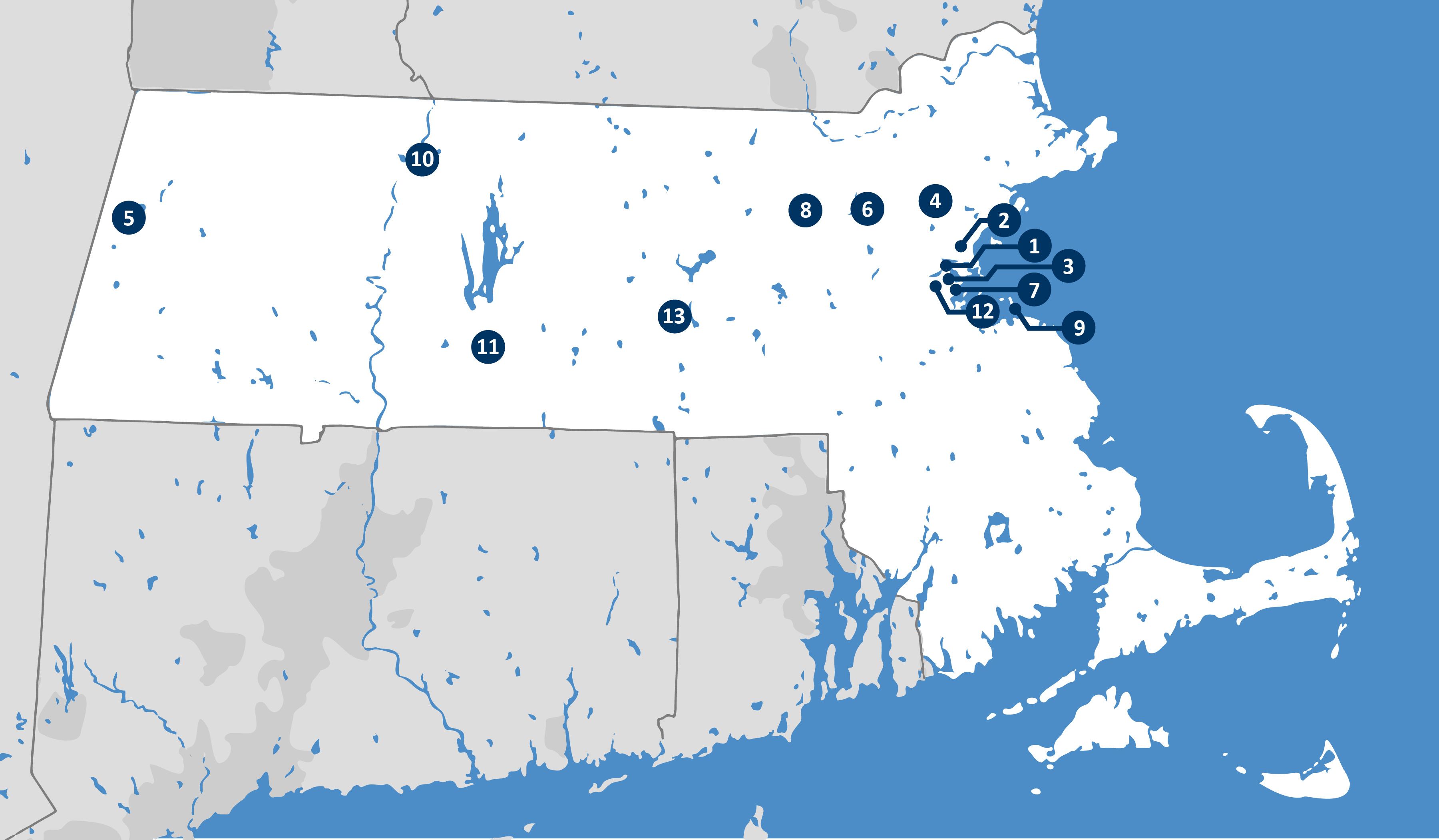 Map of Massachusetts with 13 numbered locations