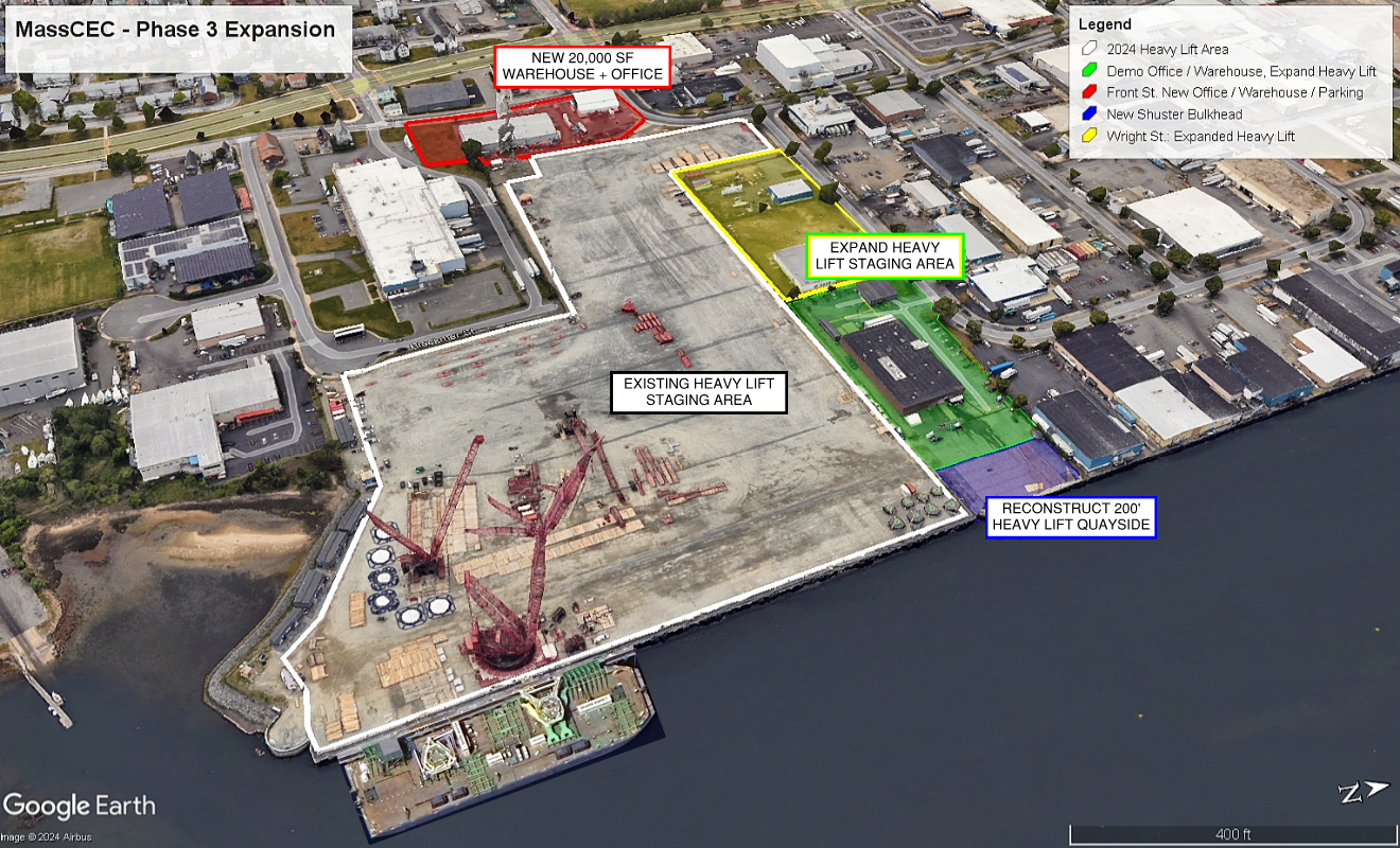 Image of New Bedford Marine Commerce Terminal Expansion outlined in red, white, yellow and green.
