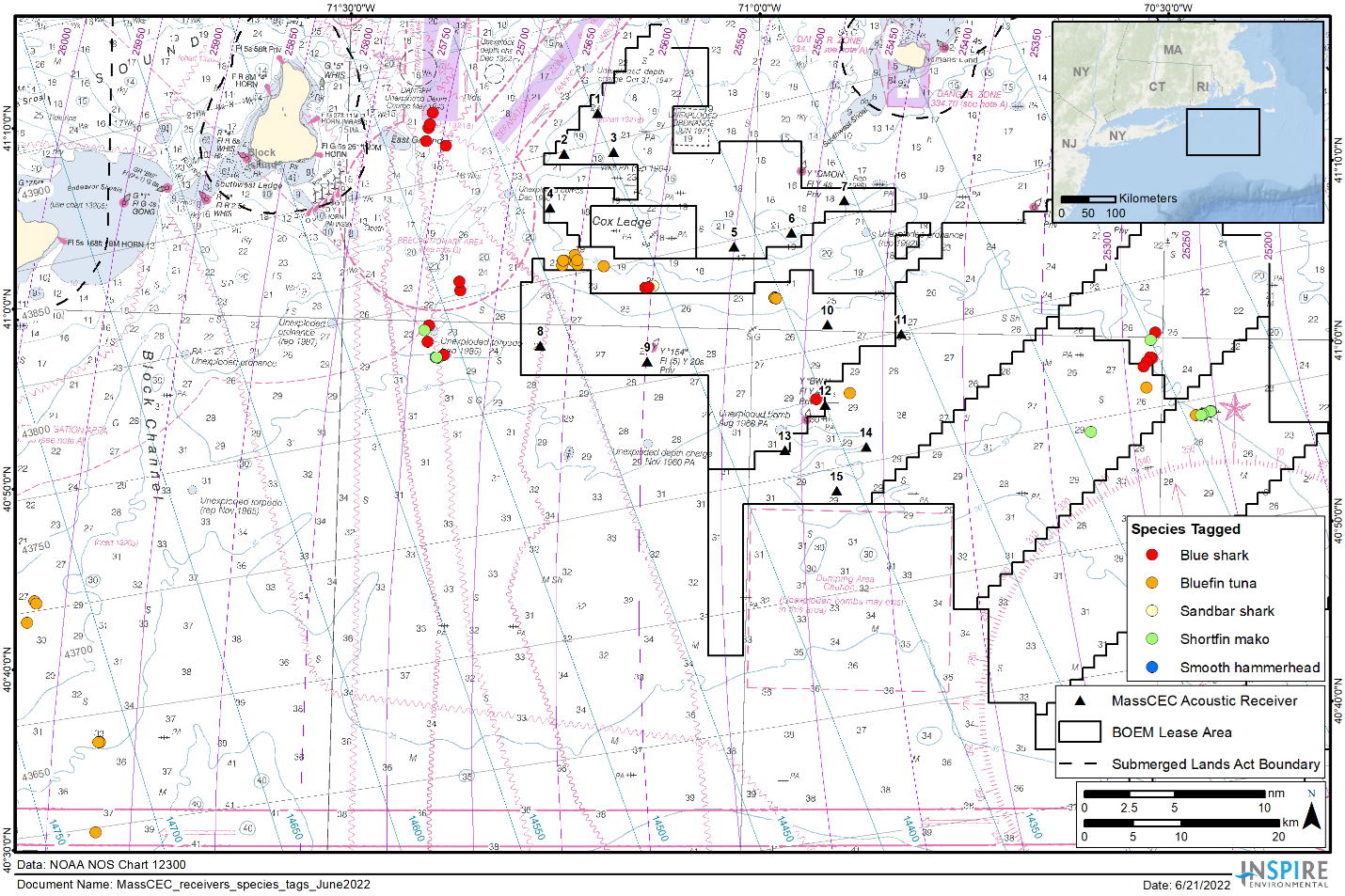 Map of the study site showing the location of the 15 acoustic receiver stations (black triangles) and the locations where 60 fish were tagged (colored circles). 