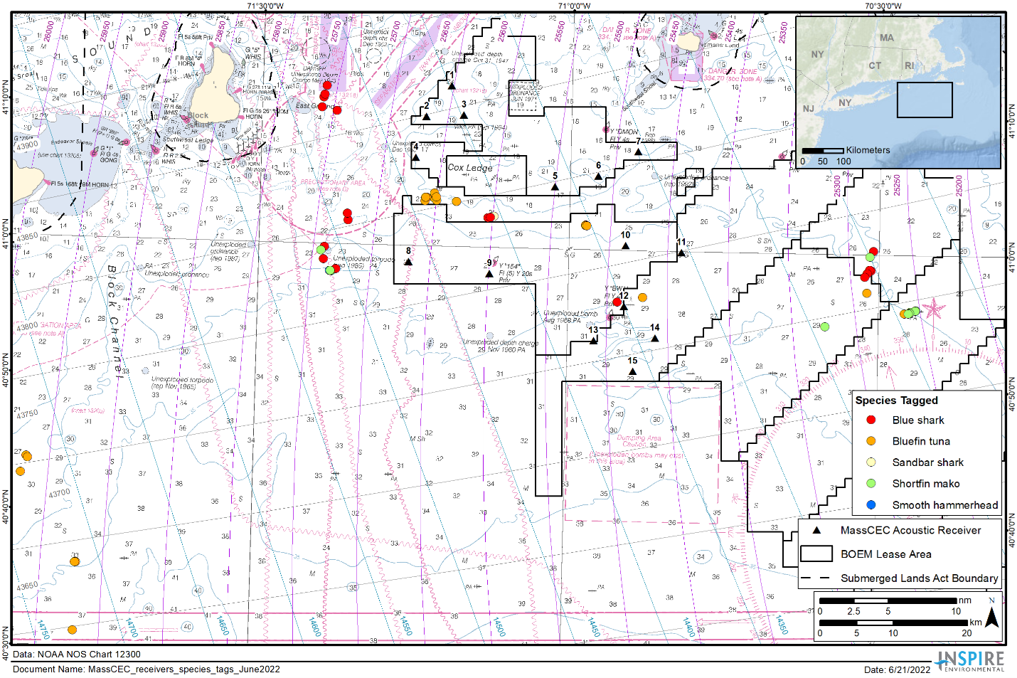 Map of the study site showing the location of the 15 acoustic receiver stations (black triangles) and the locations where 60 fish were tagged (colored circles).