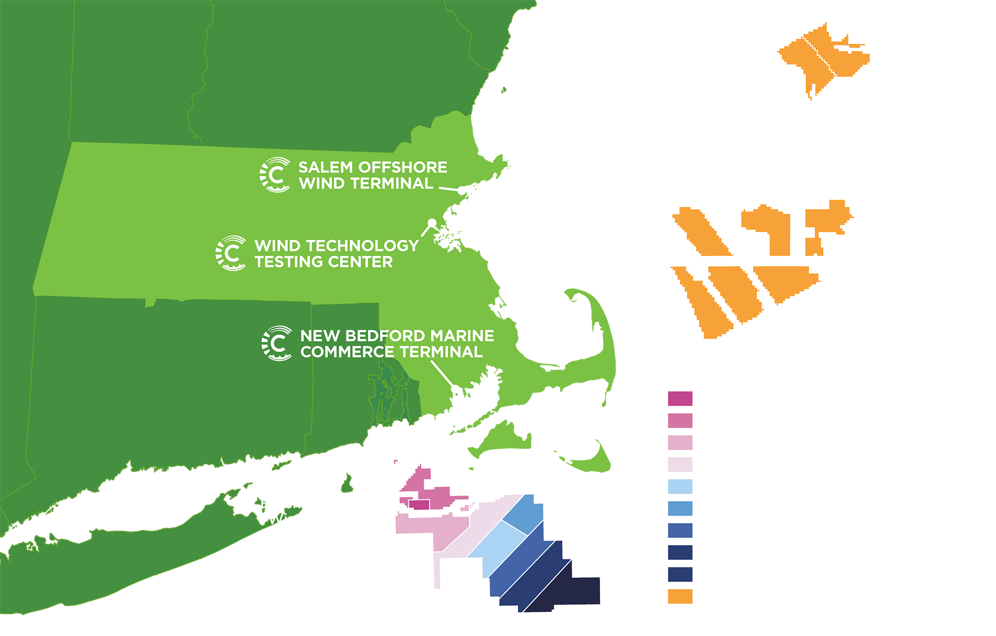 Map of offshore wind lease and project areas