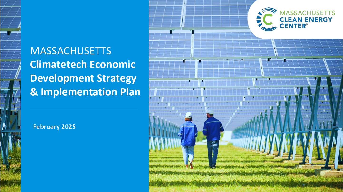 Cover of Climatetech Economic Development Report showing people walking on utility-scale solar farm
