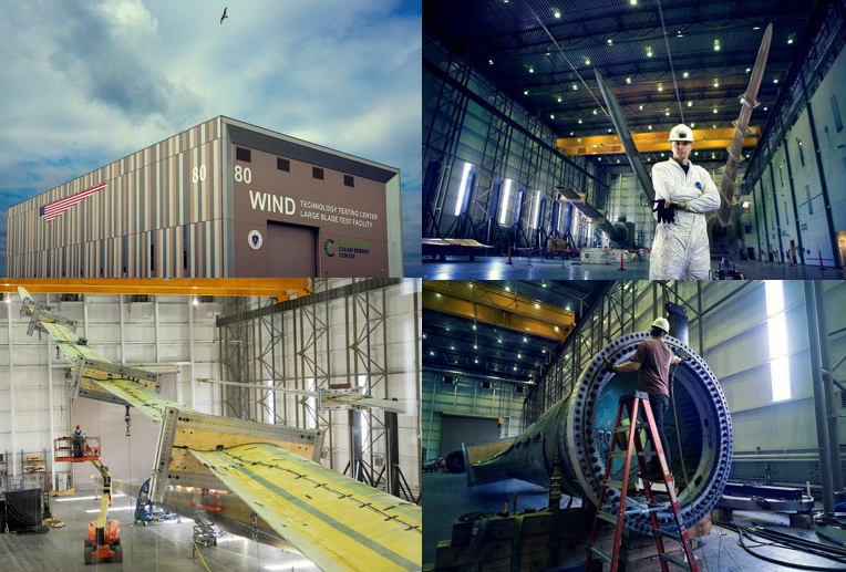 Collage showing the Wind Technology Testing Center, including the exterior of the facility and interior views of large wind turbine blades being tested and inspected by workers inside the blade testing lab.
