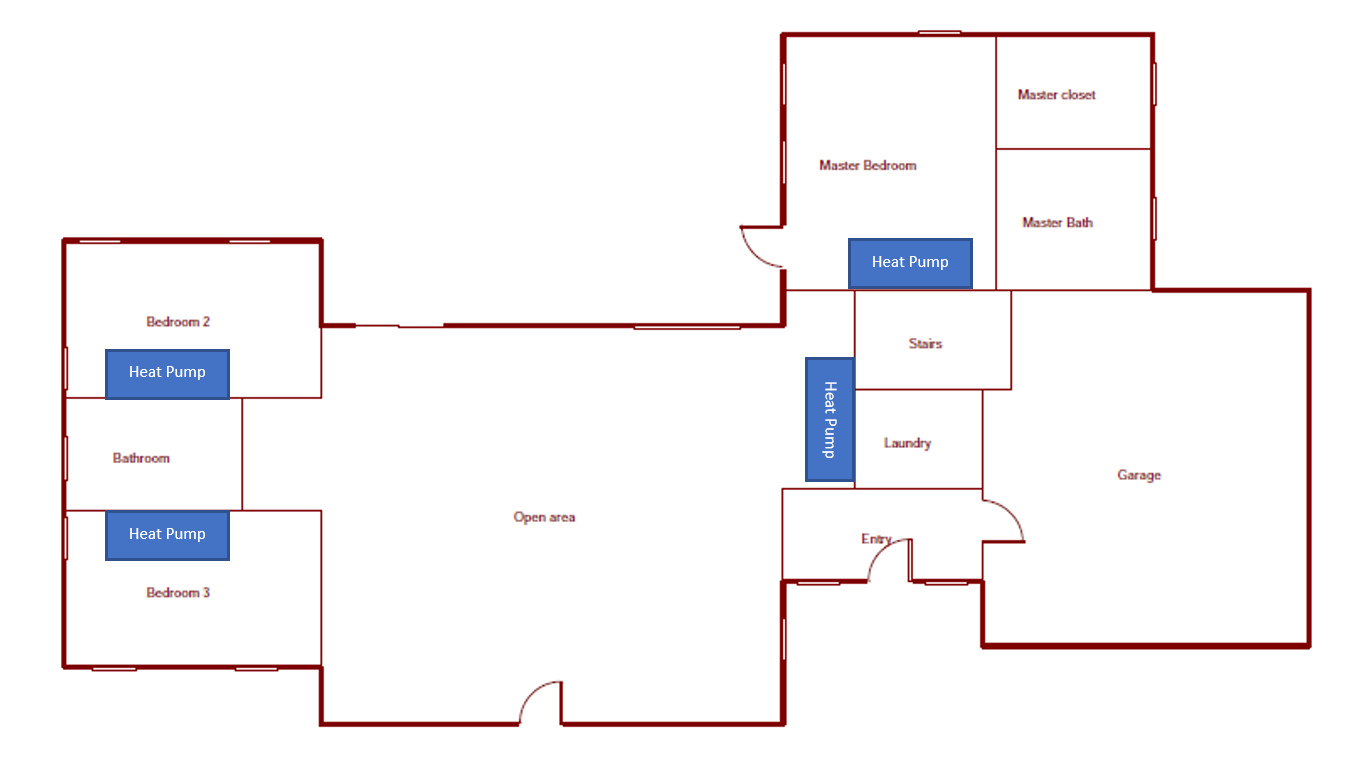 The floor plan is for a 2,200 sf one-story new construction project in Amherst, MA. Scott Cernack of M.J. Moran, Inc.selected a single-head for each of the bedrooms and the open area. (Image courtesy of Scott Cernack)