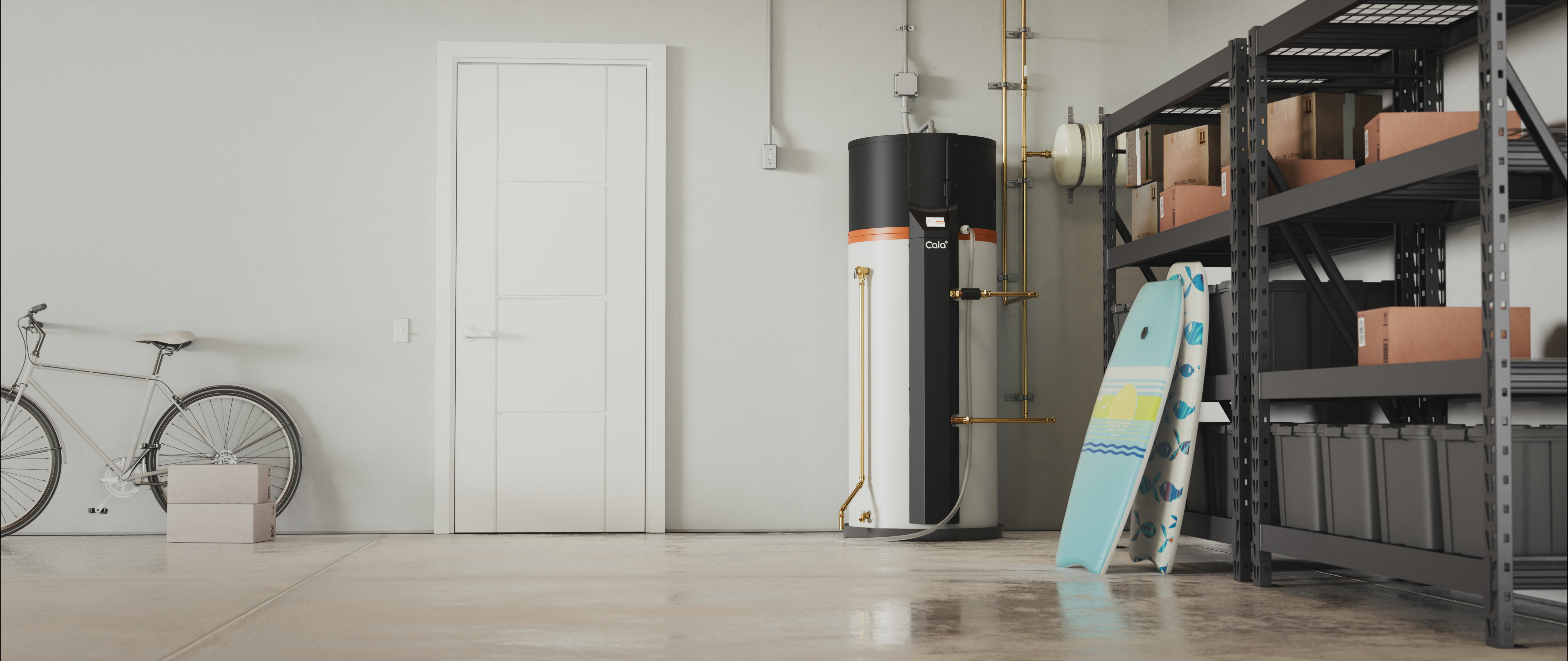 Cala water heater in a garage.