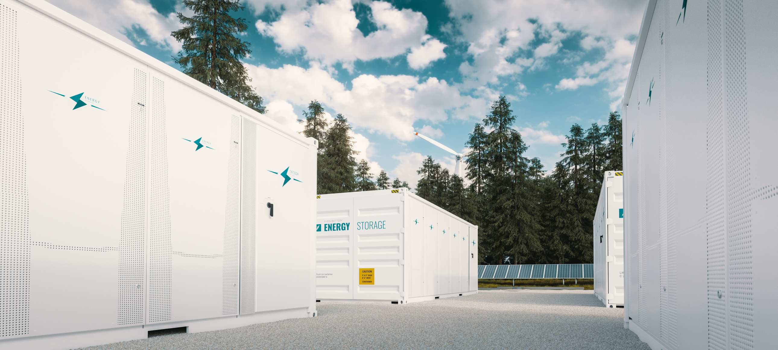 Grid-scale batteries with wind and solar in background