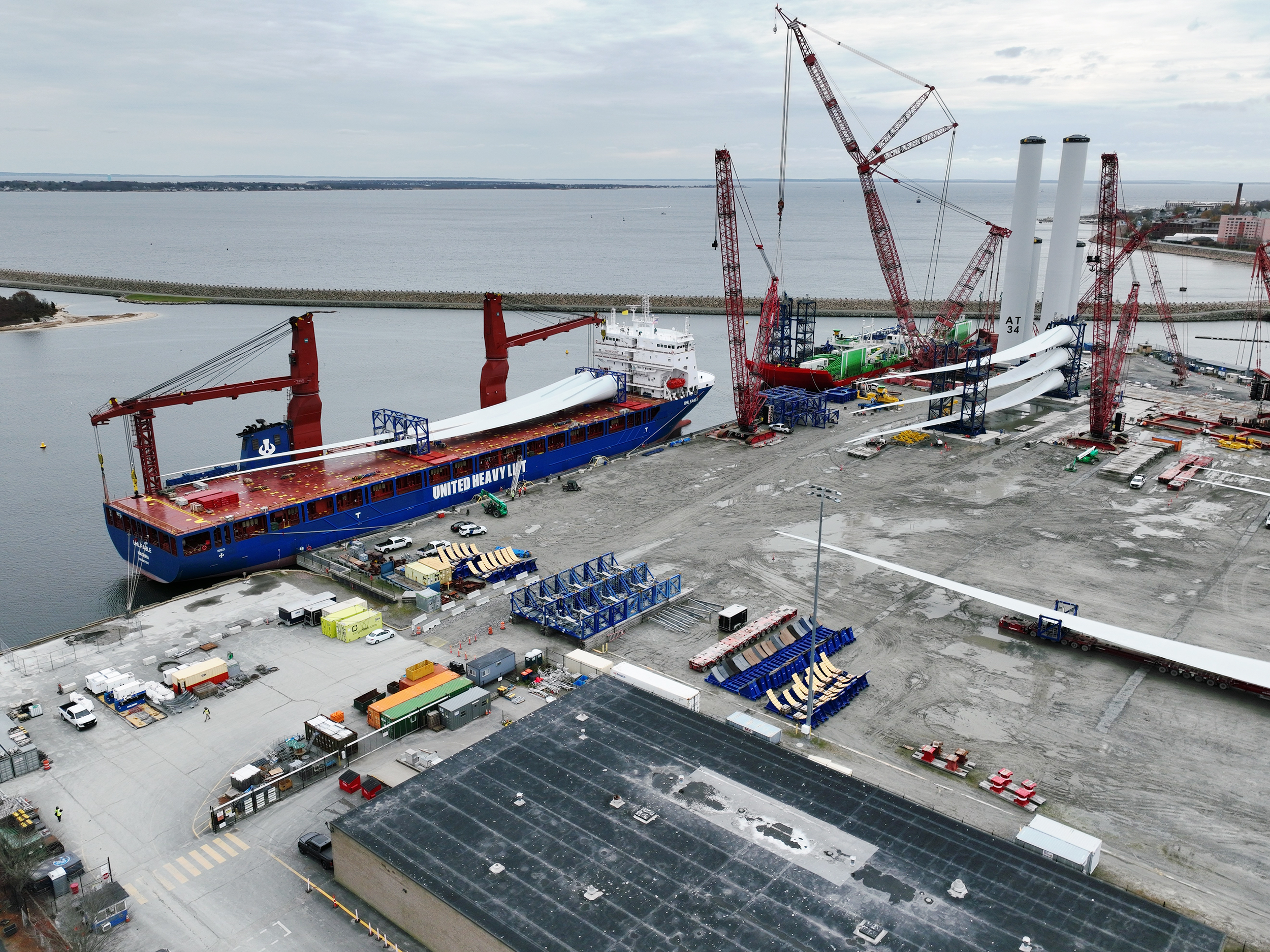 Offshore wind construction vessel docked at the New Bedford Marine Commerce Terminal as turbine components are staged for the Vineyard Wind 1 project.
