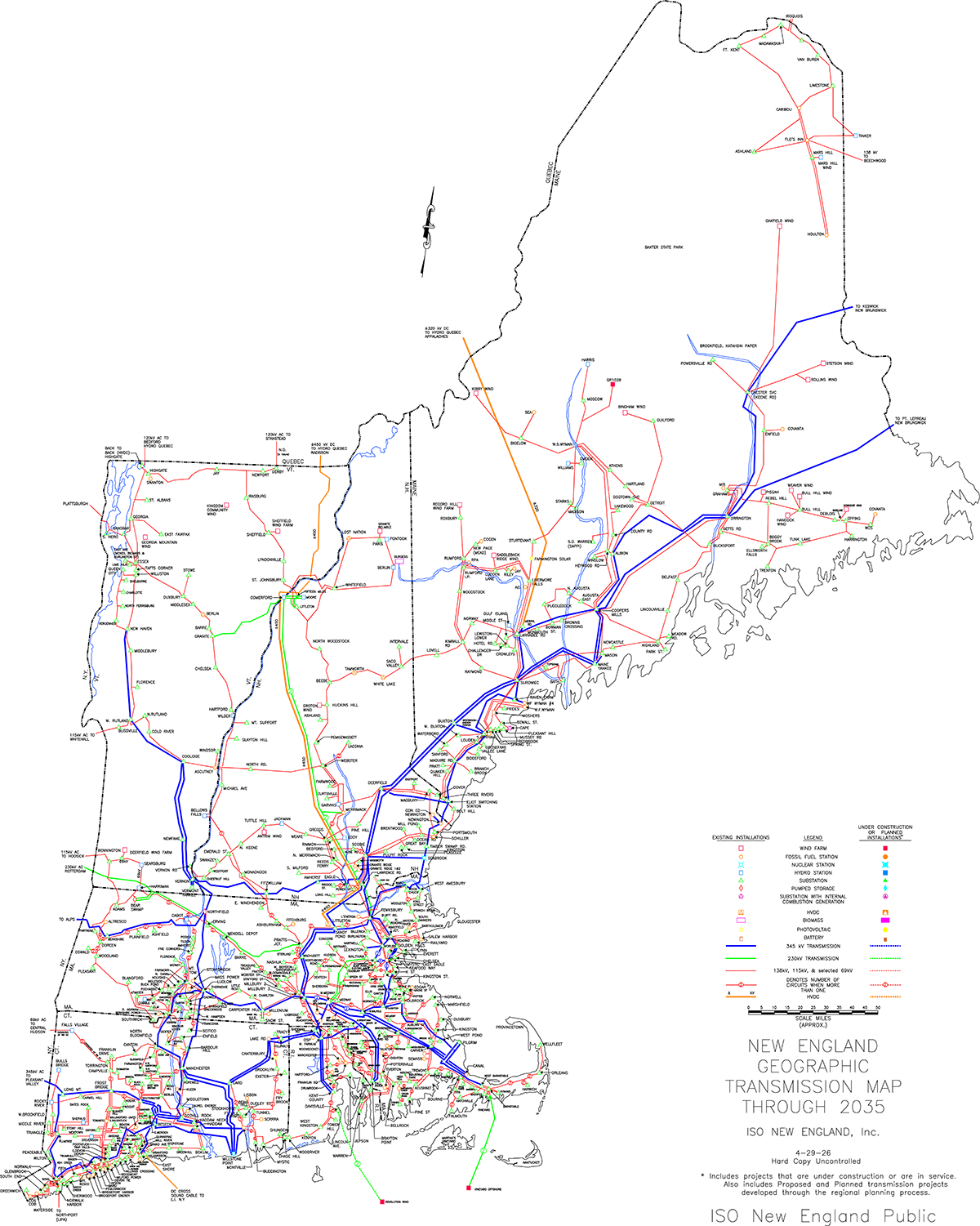 Transmission map of New England showing planned and existing electric grid infrastructure, including high-voltage lines and regional connections.